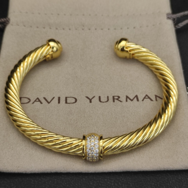 David Yurman 7mm Gold-Tone Beaded Cable Bracelet with White Diamond Accents
