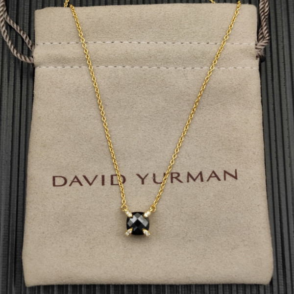 David Yurman Gold 8mm Four-Prong Black Diamond Necklace, Adjustable 42+3+3cm