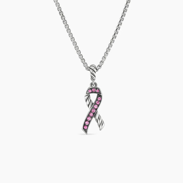 David Yurman Cable Twist Ribbon Pink Diamond Pendant Necklace, Pendant Size 24.4 x 6.7mm, 1.5mm Chain, Length 45cm + 5cm
