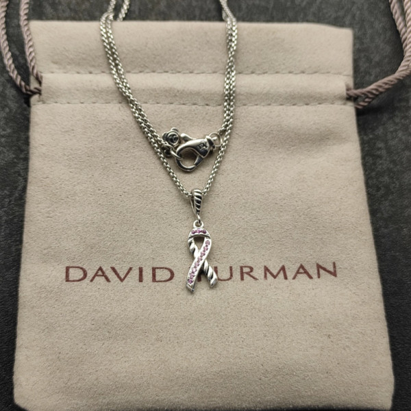 David Yurman Cable Twist Ribbon Pink Diamond Pendant Necklace, Pendant Size 24.4 x 6.7mm, 1.5mm Chain, Length 45cm + 5cm