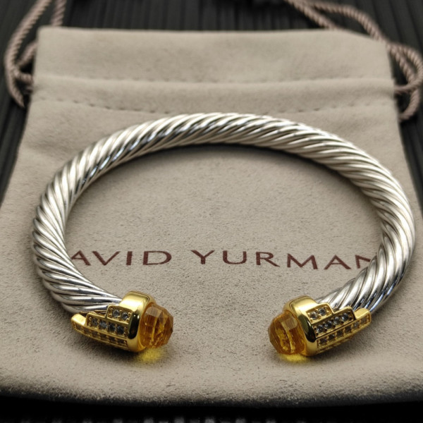David Yurman 7mm Gold-Tone End Caps Sterling Silver Cable Cuff Bracelet Yellow Diamonds