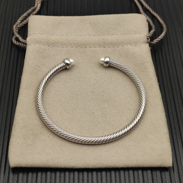 David Yurman 4mm Sterling Silver Pearl Diamond Bangle Bracelet