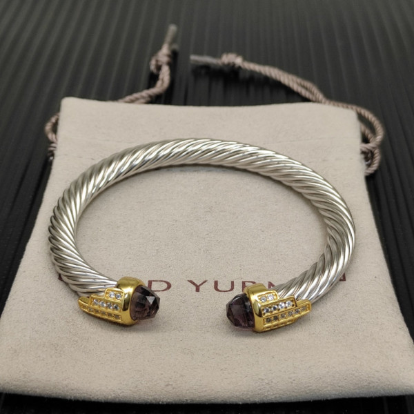 David Yurman 7mm Gold-Tone End Caps Sterling Silver Cable Cuff Bracelet Purple Diamonds
