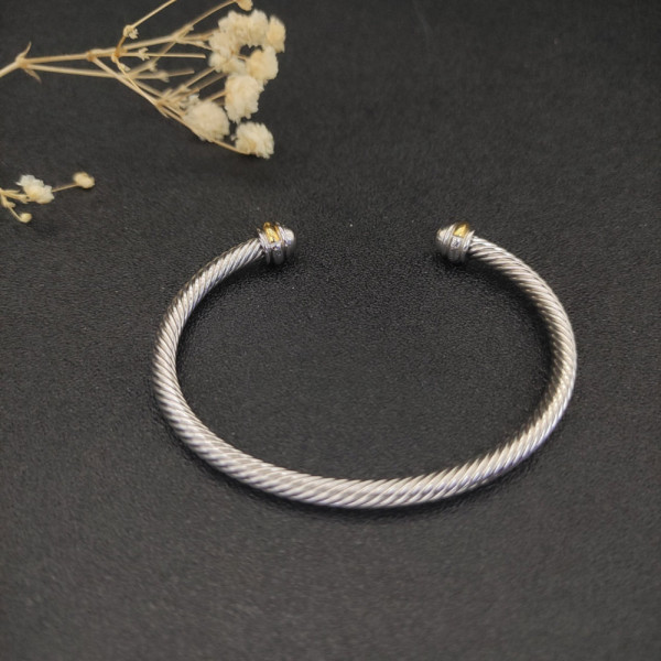 David Yurman 4mm Gold and Silver Cable Cuff Bracelet with Smooth Round End Caps