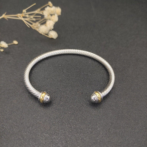 David Yurman 4mm Gold and Silver Cable Cuff Bracelet with Smooth Round End Caps