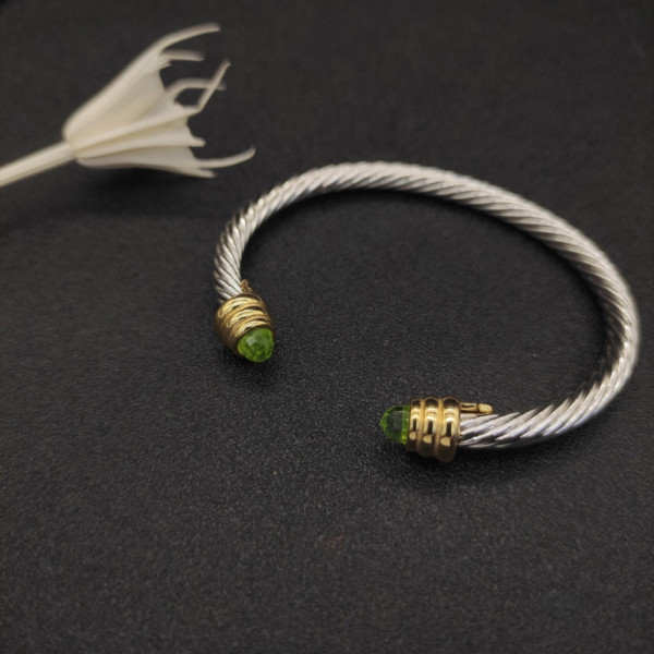 David Yurman 5mm Gold-End Light Green Rectangular Stone Cable Cuff Bracelet