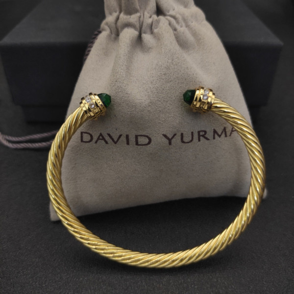 David Yurman 5mm Gold Cable Cuff Bracelet with Diamond-Accented Deep Green Stone