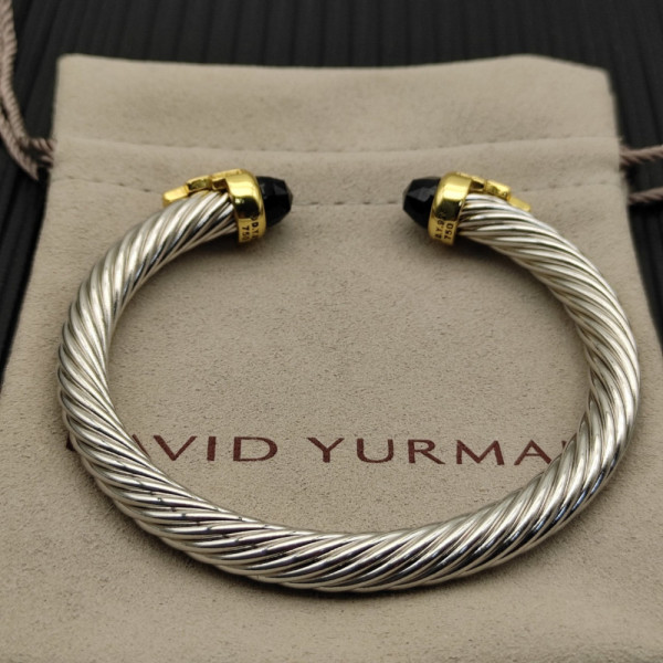 David Yurman 7mm Gold-Tone End Caps Sterling Silver Cable Cuff Bracelet Black Diamonds