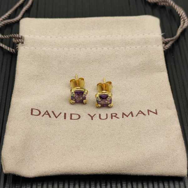 David Yurman 8mm Gold Four-Prong Purple Diamond Stud Earrings