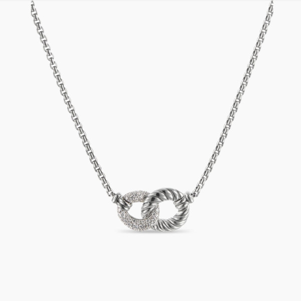 David Yurman Silver Diamond Equestrian Link Necklace, 2mm Chain, 45+5cm Adjustable Length