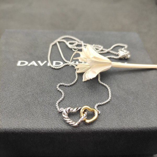 David Yurman Gold and Silver Double Heart Clasp Pendant Necklace, 1.5mm Chain, Length 45cm + 5cm