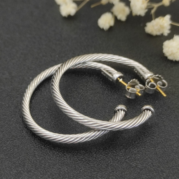 David Yurman Silver Large Cable Hoop Earrings