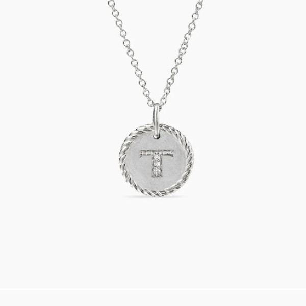 David Yurman Silver Diamond Letter T Round Pendant Necklace, Length 42cm + 3cm + 3cm