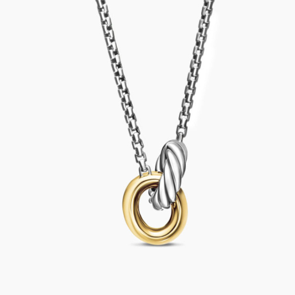David Yurman Gold and Silver Twisted Cable Double Ring Necklace, 2mm Chain, 45+5cm Adjustable Length