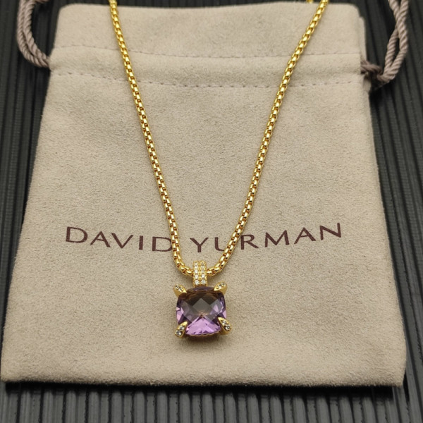 David Yurman Gold 11mm Four-Prong Purple Diamond Necklace