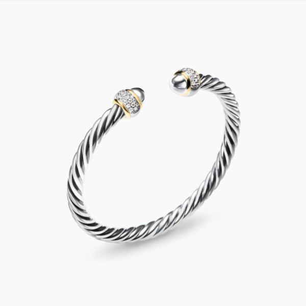 David Yurman 5mm Gold and Silver Pav&Atilde;&copy; Diamond Round Cuff Bracelet, Fits Wrist Size 16cm - 20cm