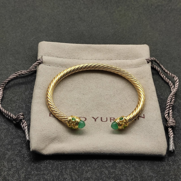 David Yurman 5mm Gold Angled Green Chalcedony Cuff Bracelet, Fits Wrist Size 16cm - 20cm