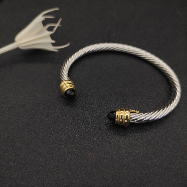 David Yurman 5mm Gold-End Black Diamond Cable Cuff Bracelet