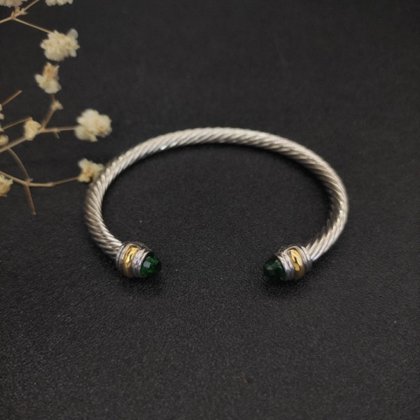 David Yurman 5mm Double-End Cap Cable Cuff Bracelet Deep Green Diamonds