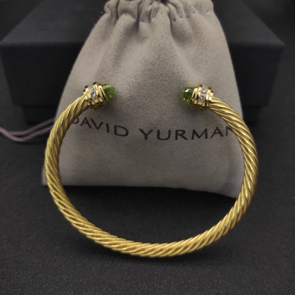 David Yurman 5mm Gold Cable Cuff Bracelet with Diamond-Accented Light Green Stone