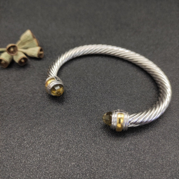 David Yurman Gold and Silver 7mm Double End Cap Cable Bracelet with Brown Pav&Atilde;&copy;