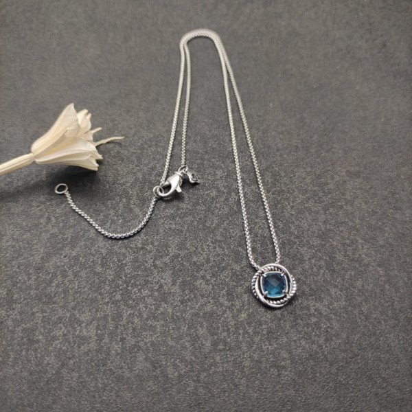 David Yurman 7mm Cable Twist Square Blue Diamond Pendant Necklace, 1.5mm Chain, Length 45cm + 5cm