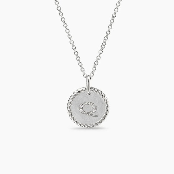 David Yurman Silver Diamond Letter Q Round Pendant Necklace, Length 42cm + 3cm + 3cm