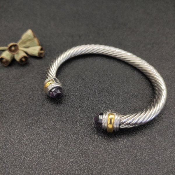 David Yurman 7mm Gold and Silver Double Diamond Station Purple Diamond Cuff Bracelet