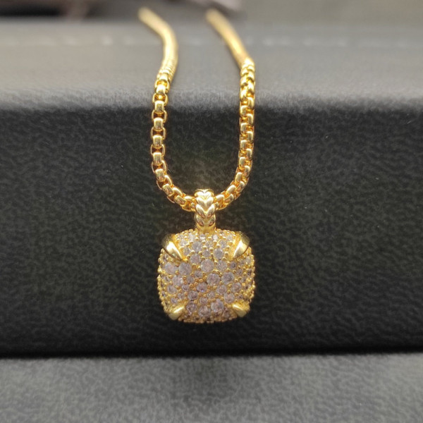 David Yurman 14mm Gold Four-Prong Pav&Atilde;&copy; Diamond Necklace, 2mm Chain, 45+5cm Adjustable Length