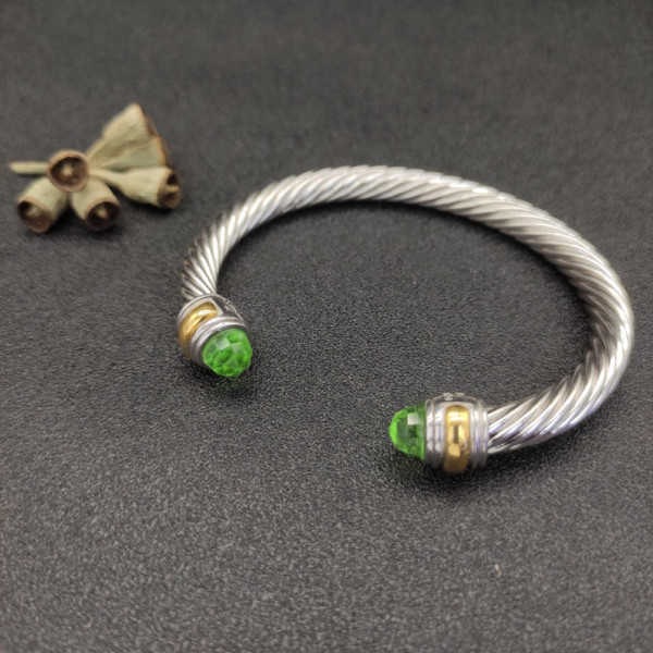 David Yurman Gold and Silver 7mm Double End Cap Bracelet with Light Green Pav&Atilde;&copy;