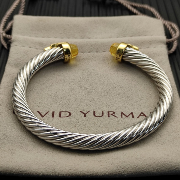 David Yurman 7mm Gold-Tone End Caps Sterling Silver Cable Cuff Bracelet Yellow Diamonds
