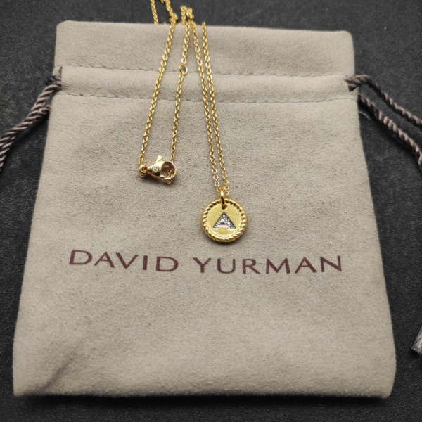 David Yurman Silver Diamond Letter A Round Pendant Necklace, Length 42cm + 3cm + 3cm