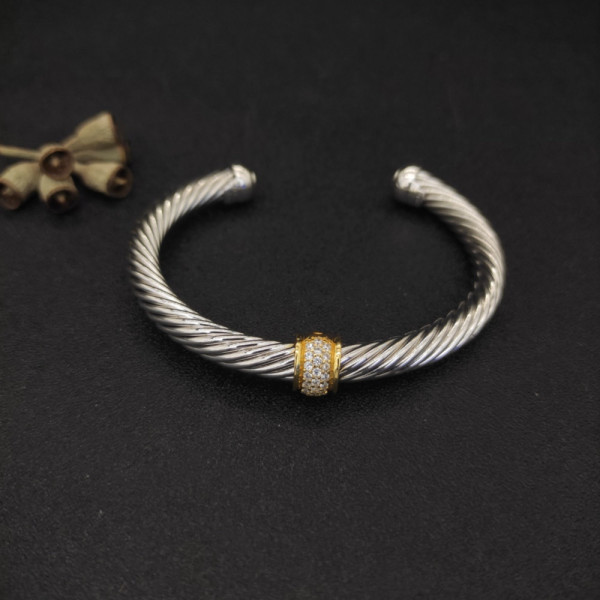 David Yurman 7mm Sterling Silver Cable Cuff Bracelet with Gold Bead End Caps White Diamonds