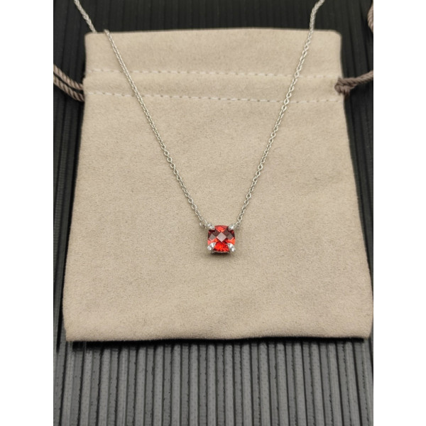 David Yurman Silver 8mm Four-Prong Red Diamond Necklace Adjustable 42+3+3cm