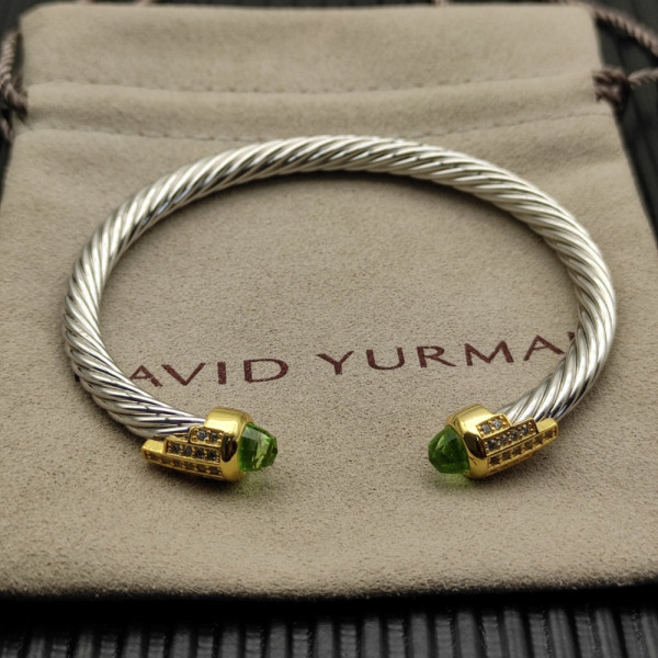 David Yurman 5mm Silver Cable Bracelet with Gold Station and Five-Row Pav&Atilde;&copy; Light Green Diamond Accent