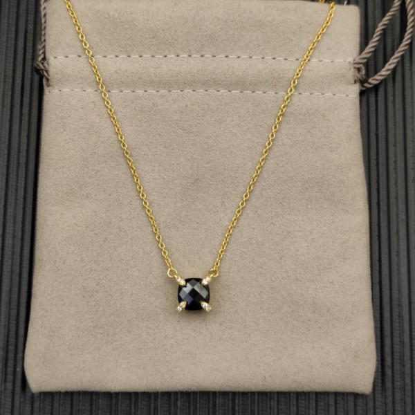 David Yurman Gold 8mm Four-Prong Black Diamond Necklace, Adjustable 42+3+3cm