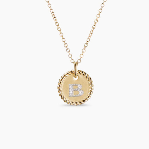 David Yurman Silver Diamond Letter B Round Pendant Necklace, Length 42cm + 3cm + 3cm