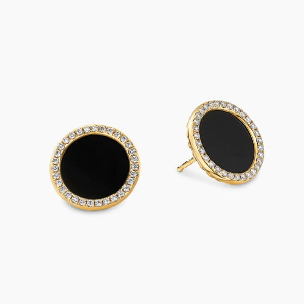 David Yurman 14mm Gold Black Onyx Diamond Circle Stud Earrings