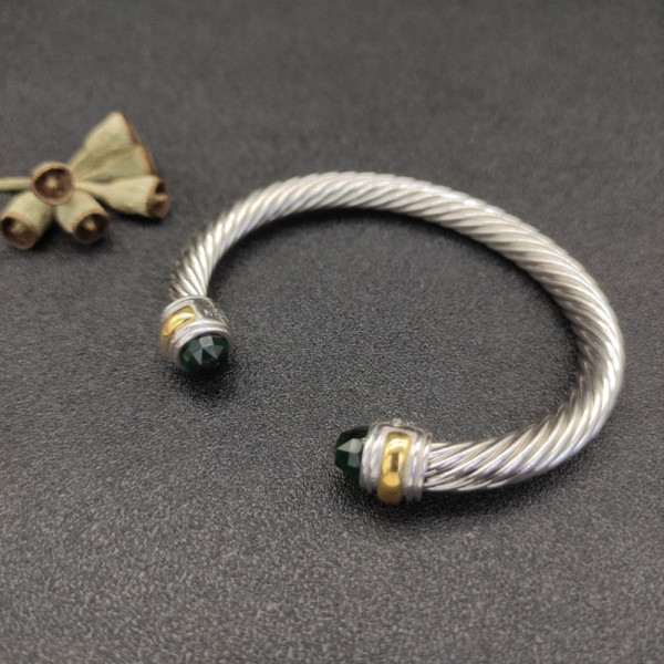 David Yurman 7mm Gold and Silver Double End Cap Deep Green Diamond Cable Bracelet
