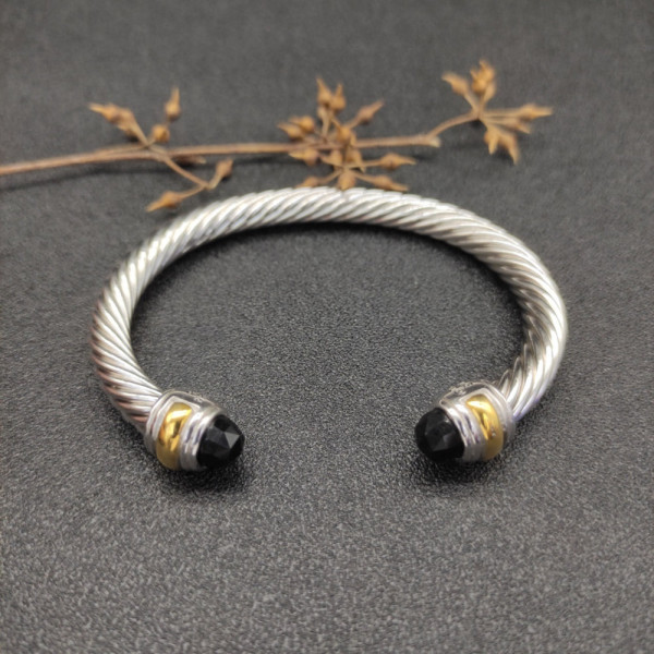 David Yurman 7mm Gold and Silver Double End Cap Black Diamond Cable Bracelet