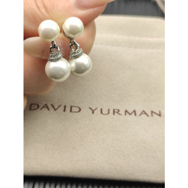David Yurman Silver 8mm and 10mm Double Pearl Drop Earrings