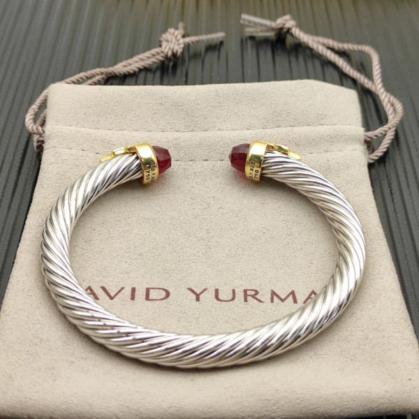 David Yurman 7mm Gold-Tone End Caps Sterling Silver Cable Cuff Bracelet Red Diamonds