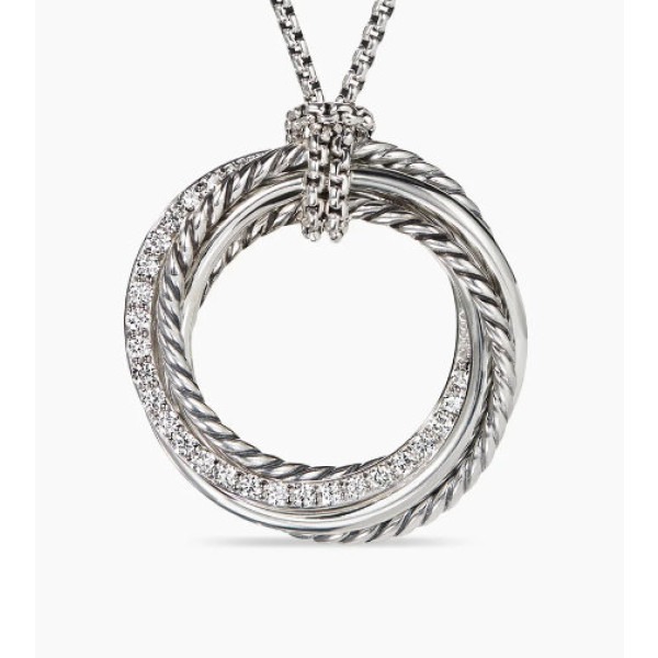 David Yurman 26mm Silver Circle Diamond Accent Sweater Necklace, 1.5mm Chain, Adjustable 90cm Length