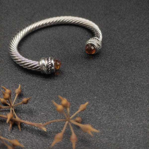 David Yurman 7mm Cable Cuff Bracelet with Rotating End Caps Champagne Diamonds