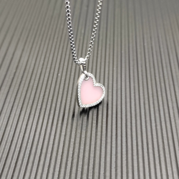 David Yurman Silver Heart Pink Opal Necklace, 2mm Chain, 45+5cm Adjustable Length