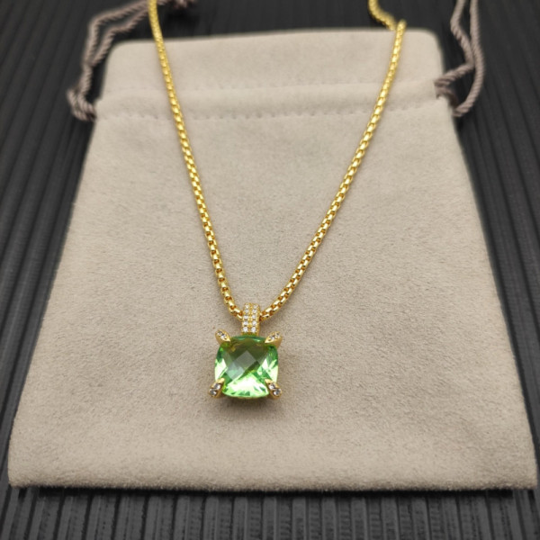 David Yurman Gold 11mm Four-Prong Green Diamond Necklace