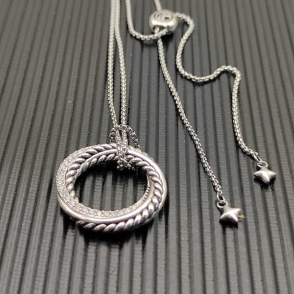 David Yurman 26mm Silver Circle Diamond Accent Sweater Necklace, 1.5mm Chain, Adjustable 90cm Length