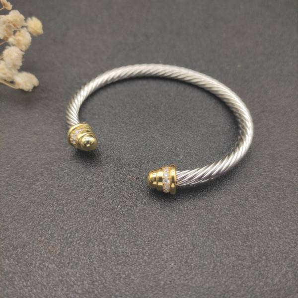 David Yurman 5mm Gold and Silver Cable Cuff Bracelet with Pav&Atilde;&copy;-Set Round End Caps