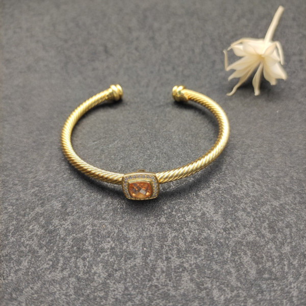 David Yurman Gold Tone 4mm Cable Square Purple Champagne Diamond Cuff Bracelet