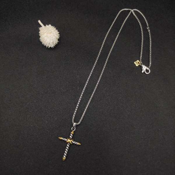 David Yurman Gold and Silver Cross Pendant Necklace with Cable Details